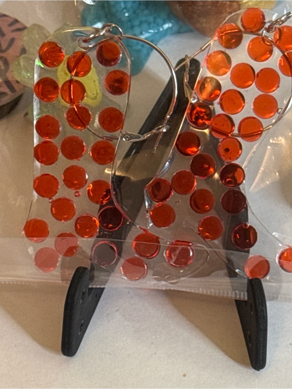 Clear Lucite Hoop cowgirl boot Earrings with Red Dot Accents